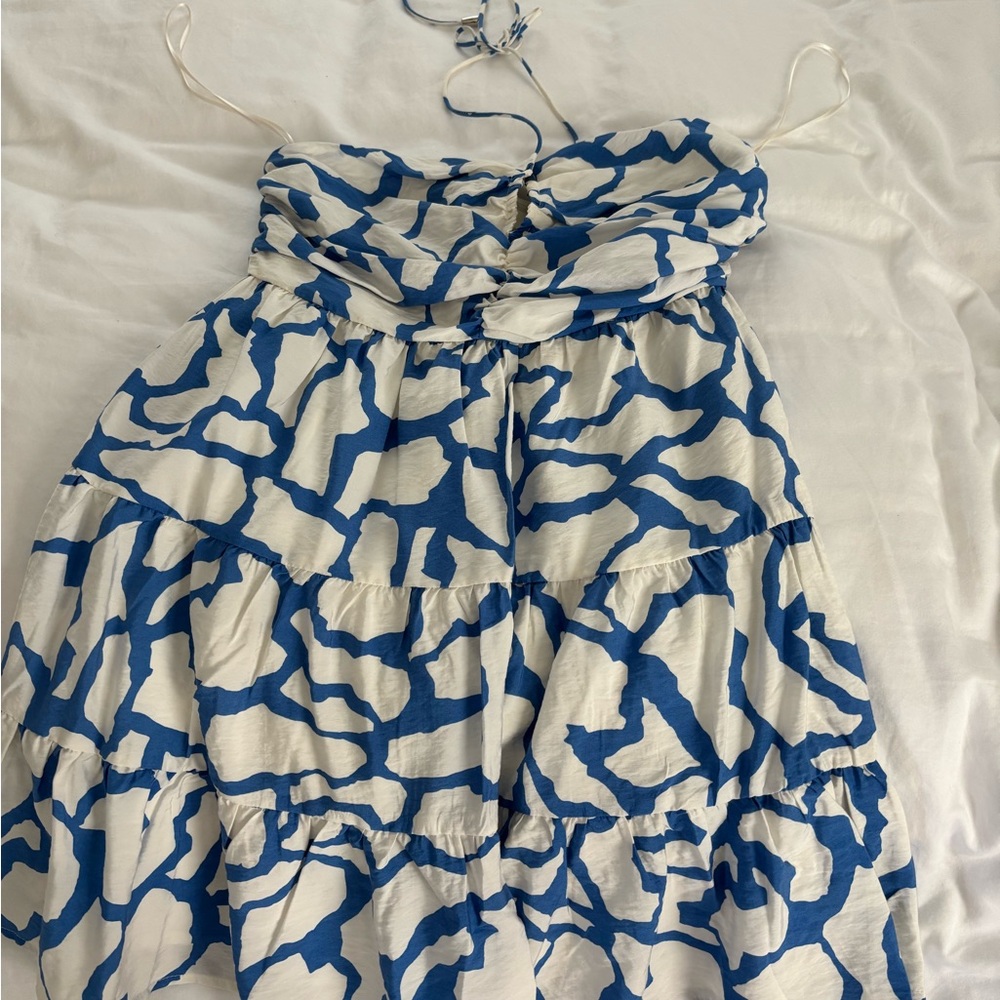 Blue and White Strapless Mini Dress